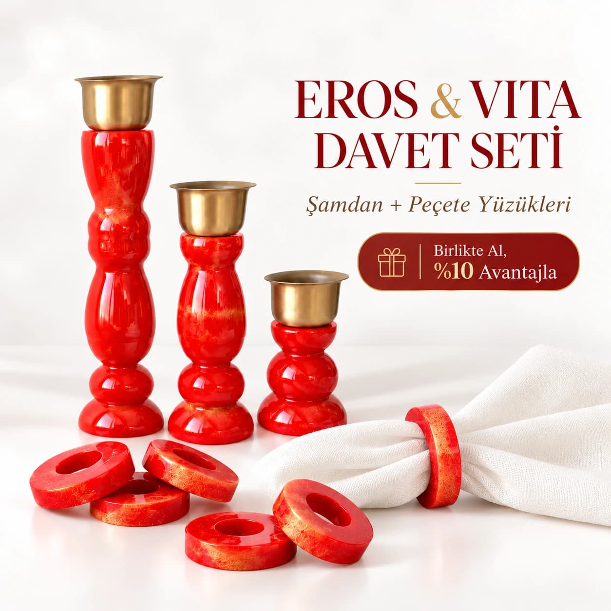 Eros & Vita Davet Seti — şamdan ve peçete yüzükleri