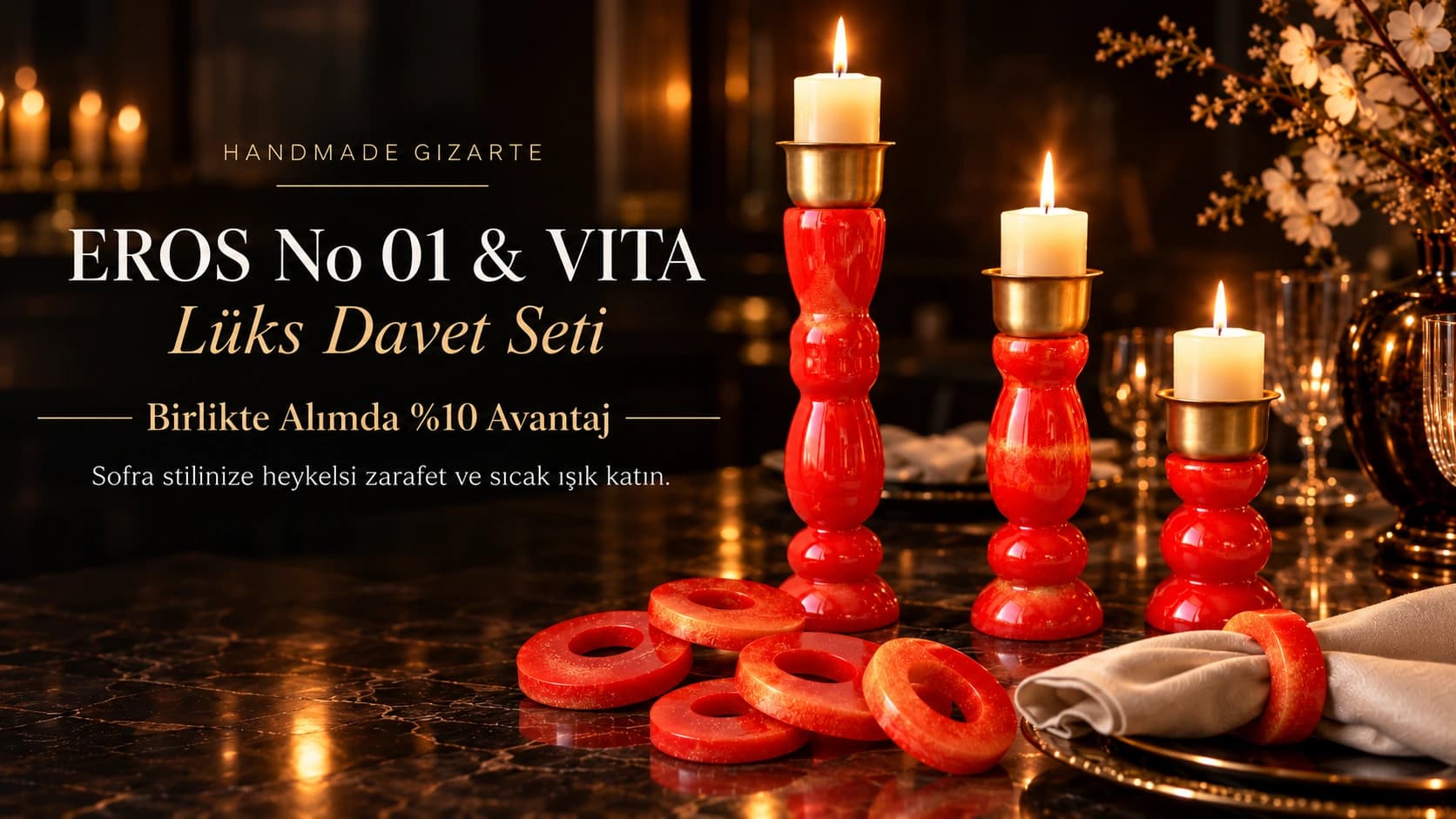 Eros & Vita No.01 Lux Davet Seti, mumlar yanarken sofrada