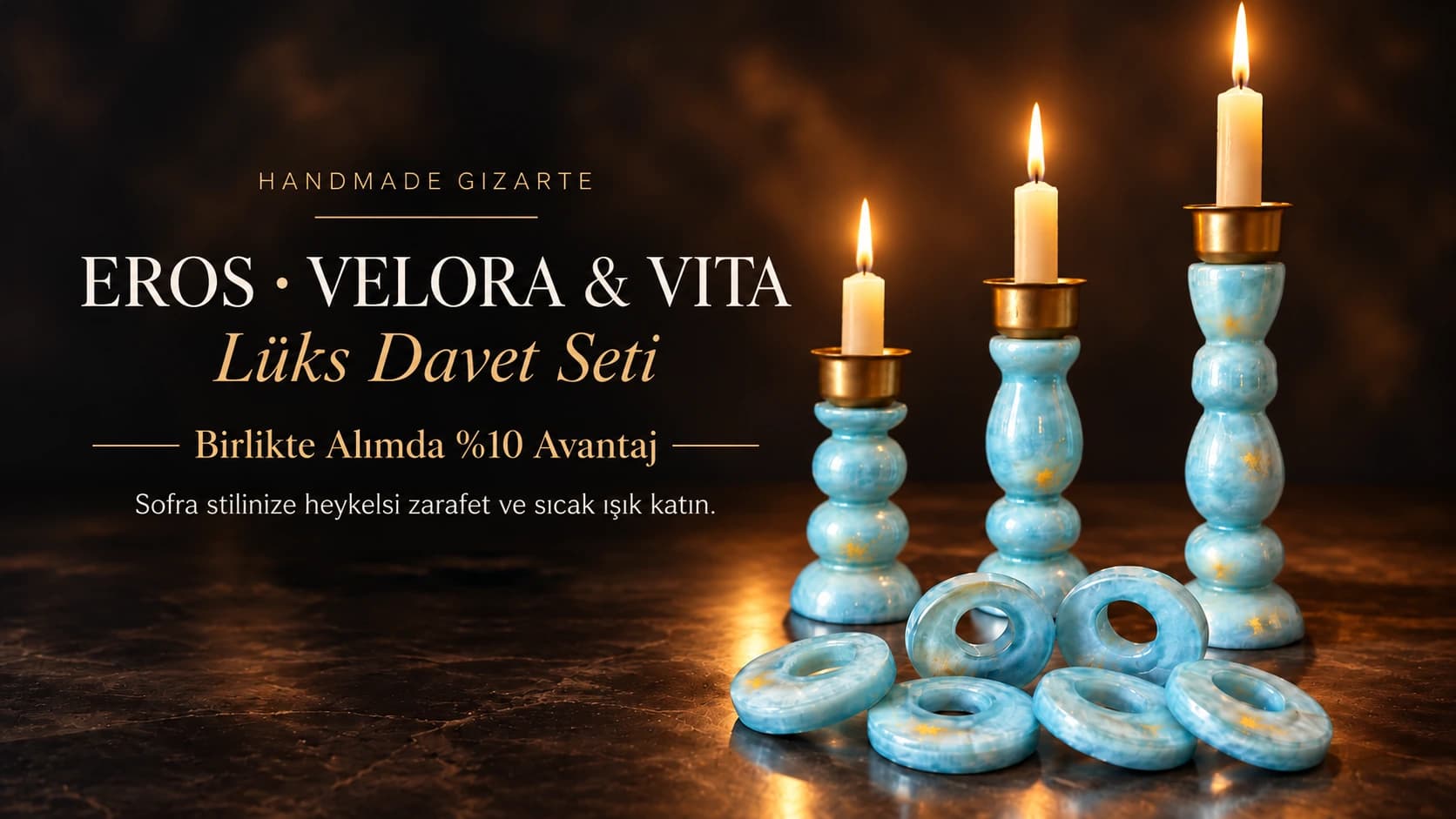 Eros & Vita No.02 Lux Davet Seti, mumlar yanarken sofrada