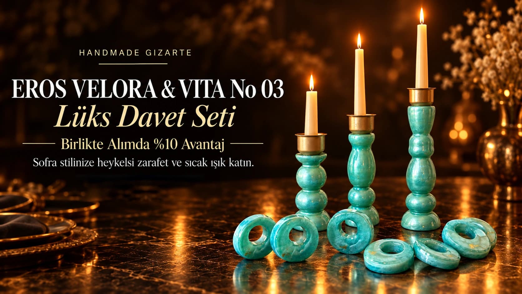 Eros Velora & Vita No.03 Lux Davet Seti, mumlar yanarken sofrada